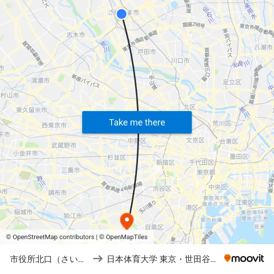 市役所北口（さいたま市） to 日本体育大学 東京・世田谷キャンパス map