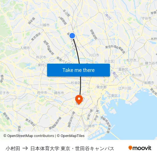 小村田 to 日本体育大学 東京・世田谷キャンパス map