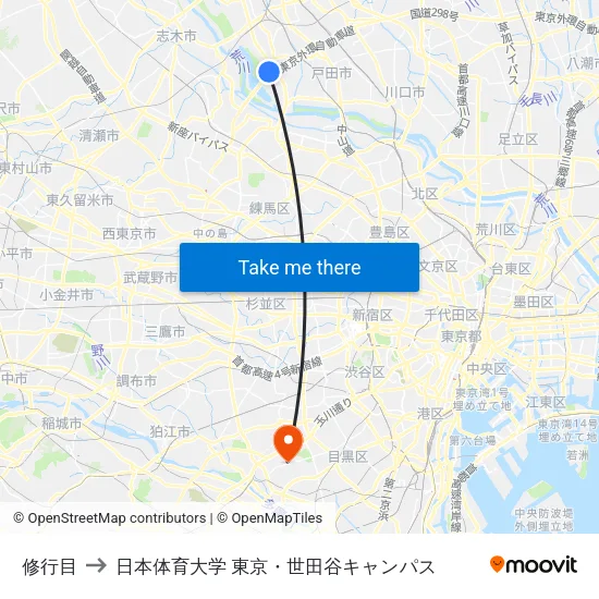 修行目 to 日本体育大学 東京・世田谷キャンパス map