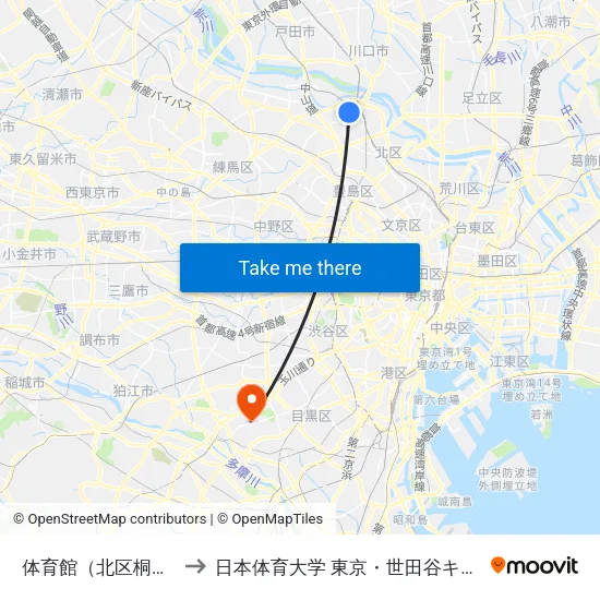 体育館（北区桐ヶ丘） to 日本体育大学 東京・世田谷キャンパス map