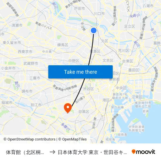 体育館（北区桐ヶ丘） to 日本体育大学 東京・世田谷キャンパス map