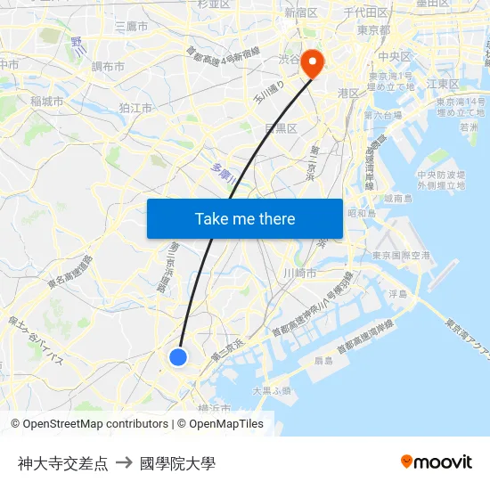 神大寺交差点 to 國學院大學 map