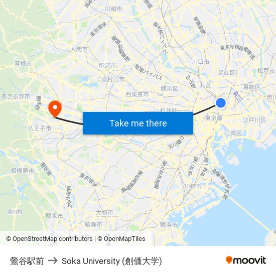 鶯谷駅前 to Soka University (創価大学) map