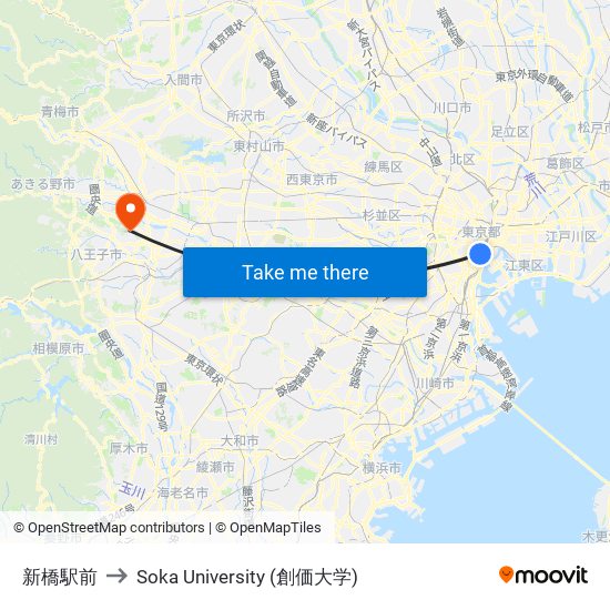 新橋駅前 to Soka University (創価大学) map