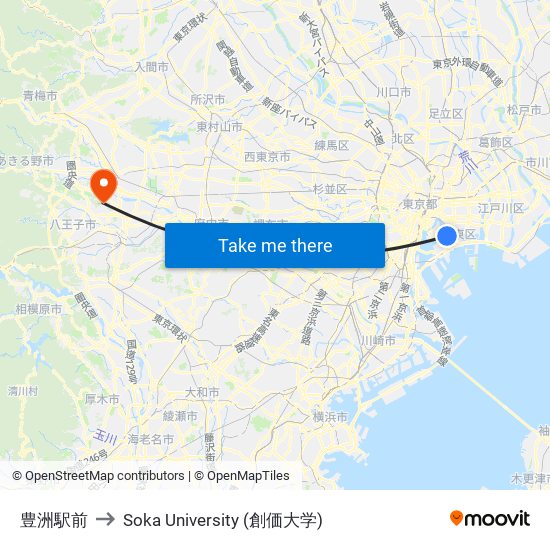 豊洲駅前 to Soka University (創価大学) map