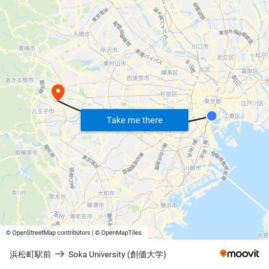 浜松町駅前 to Soka University (創価大学) map