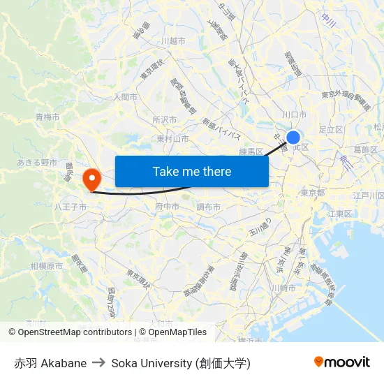赤羽 Akabane to Soka University (創価大学) map