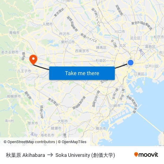 秋葉原 Akihabara to Soka University (創価大学) map