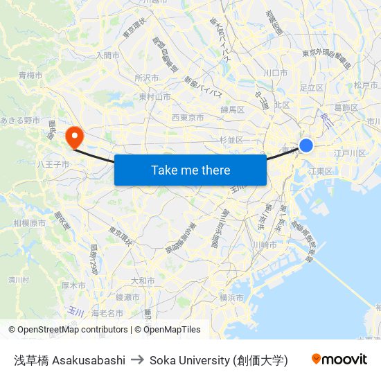 浅草橋 Asakusabashi to Soka University (創価大学) map