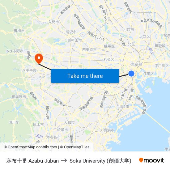 麻布十番 Azabu-Juban to Soka University (創価大学) map