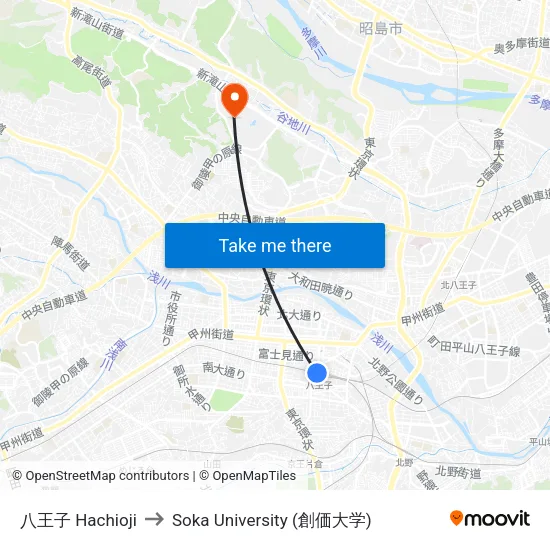 八王子 Hachioji to Soka University (創価大学) map