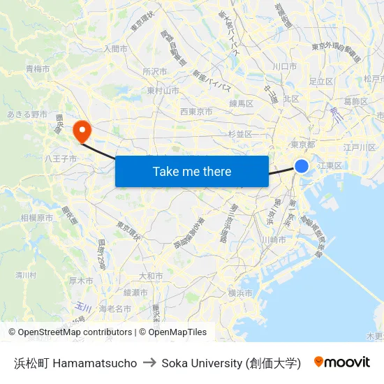 浜松町 Hamamatsucho to Soka University (創価大学) map