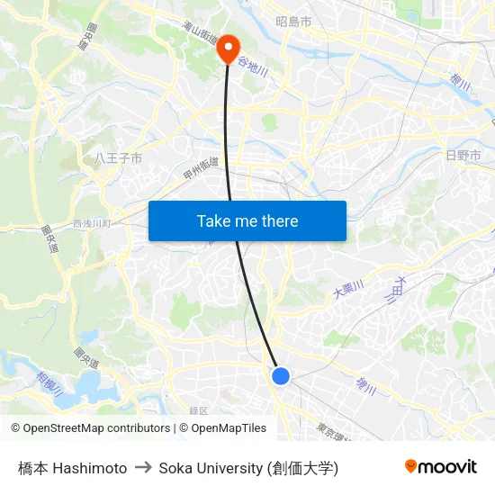 橋本 Hashimoto to Soka University (創価大学) map
