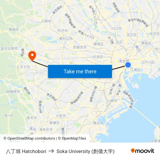 八丁堀 Hatchobori to Soka University (創価大学) map