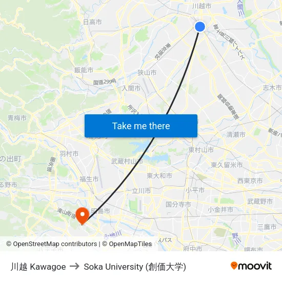 川越 Kawagoe to Soka University (創価大学) map