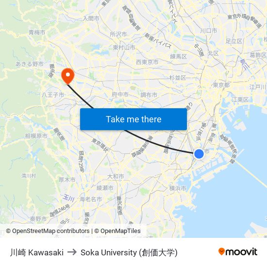 川崎 Kawasaki to Soka University (創価大学) map