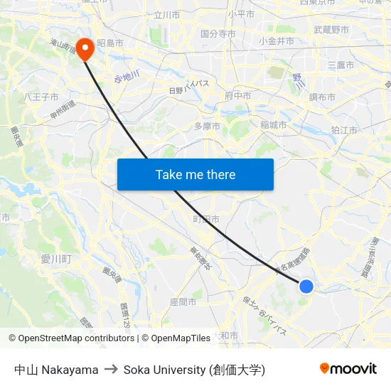 中山 Nakayama to Soka University (創価大学) map