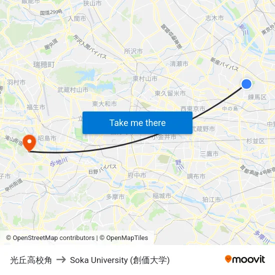 光丘高校角 to Soka University (創価大学) map