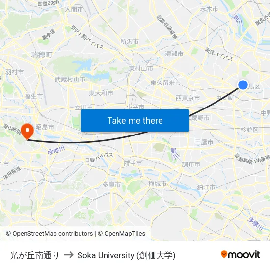 光が丘南通り to Soka University (創価大学) map