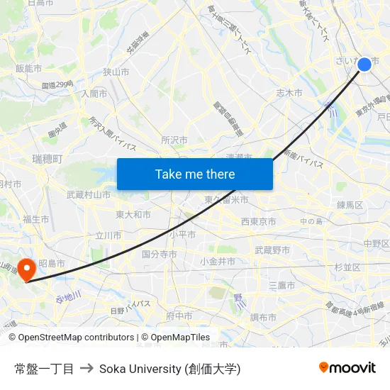 常盤一丁目 to Soka University (創価大学) map