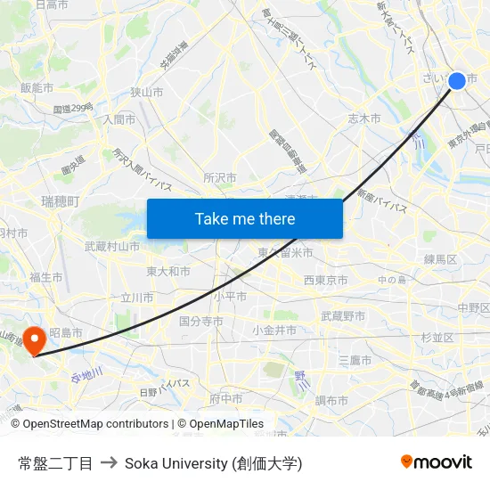 常盤二丁目 to Soka University (創価大学) map