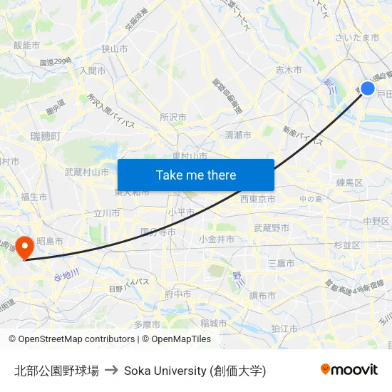北部公園野球場 to Soka University (創価大学) map