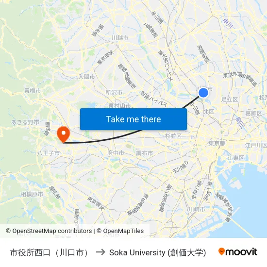 市役所西口（川口市） to Soka University (創価大学) map