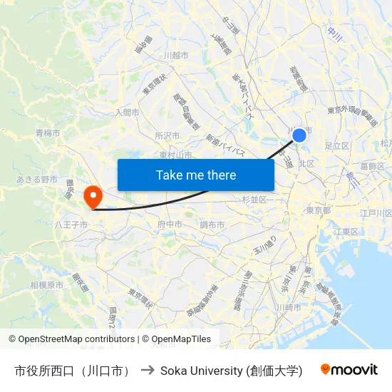 市役所西口（川口市） to Soka University (創価大学) map