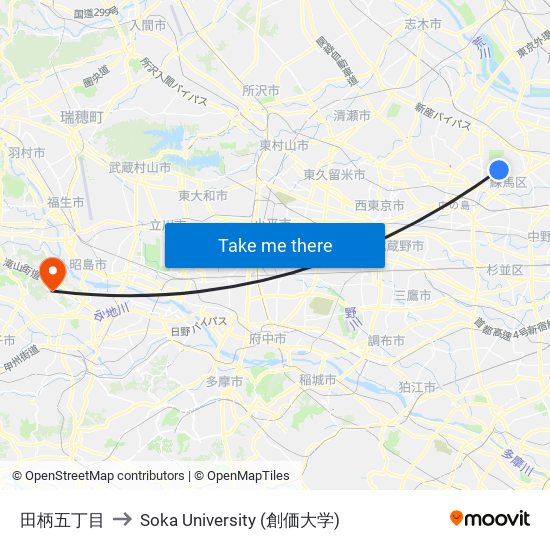 田柄五丁目 to Soka University (創価大学) map