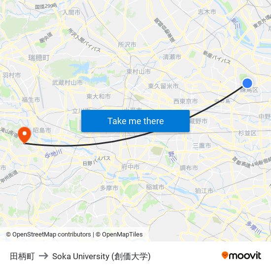 田柄町 to Soka University (創価大学) map