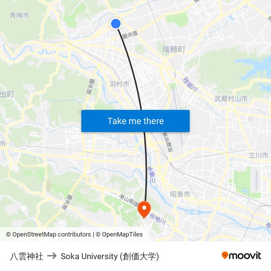 八雲神社 to Soka University (創価大学) map