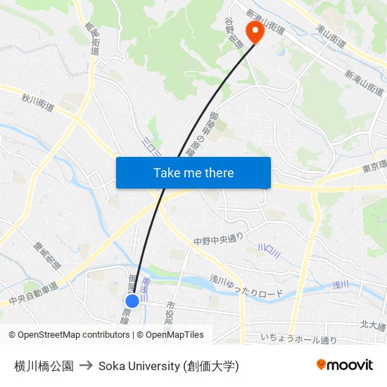 横川橋公園 to Soka University (創価大学) map