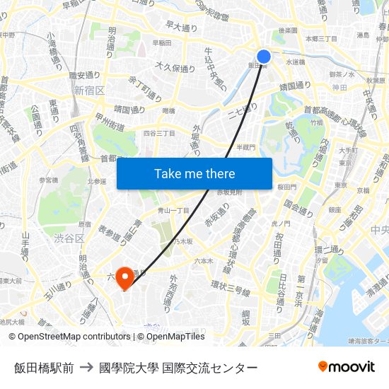 飯田橋駅前 to 國學院大學 国際交流センター map