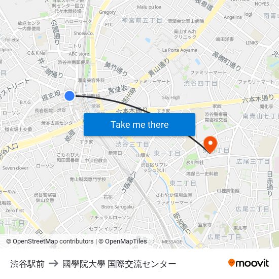 渋谷駅前 to 國學院大學 国際交流センター map