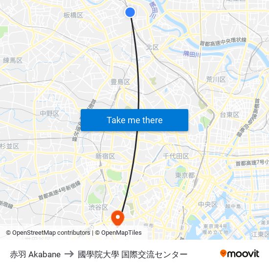 赤羽 Akabane to 國學院大學 国際交流センター map