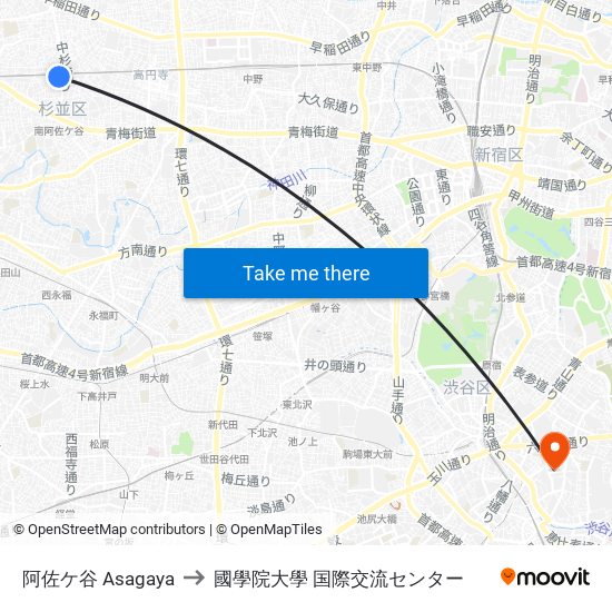 阿佐ケ谷 Asagaya to 國學院大學 国際交流センター map