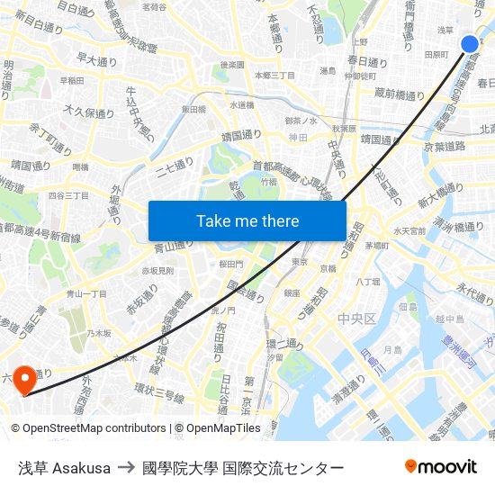 浅草 Asakusa to 國學院大學 国際交流センター map