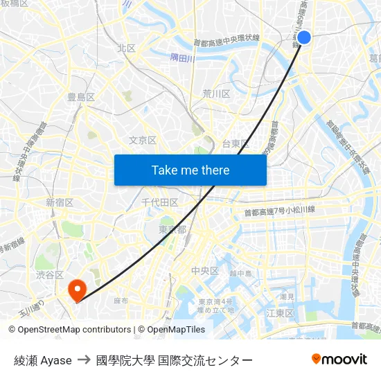 綾瀬 Ayase to 國學院大學 国際交流センター map