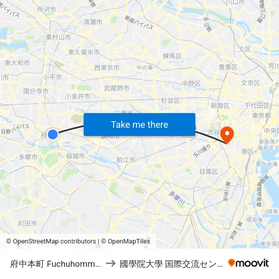 府中本町 Fuchuhommachi to 國學院大學 国際交流センター map