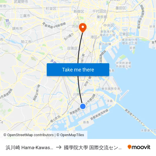 浜川崎 Hama-Kawasaki to 國學院大學 国際交流センター map