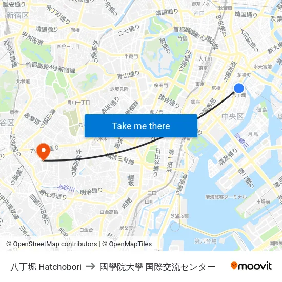 八丁堀 Hatchobori to 國學院大學 国際交流センター map