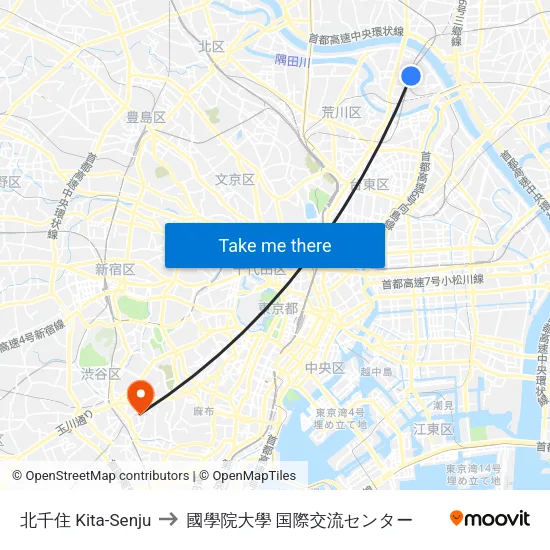 北千住 Kita-Senju to 國學院大學 国際交流センター map