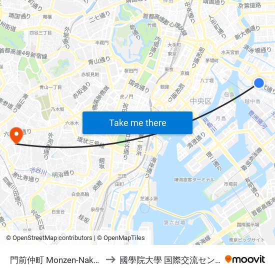 門前仲町 Monzen-Nakacho to 國學院大學 国際交流センター map