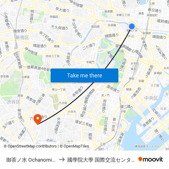 御茶ノ水 Ochanomizu to 國學院大學 国際交流センター map