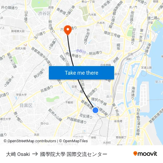 大崎 Osaki to 國學院大學 国際交流センター map