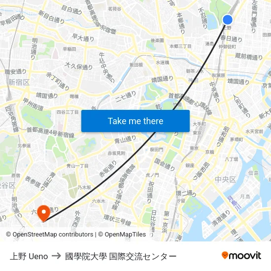 上野 Ueno to 國學院大學 国際交流センター map