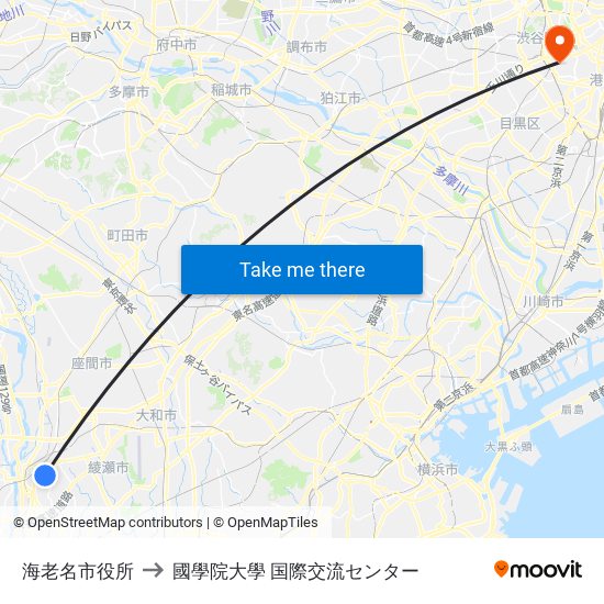 海老名市役所 to 國學院大學 国際交流センター map