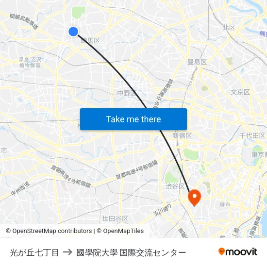 光が丘七丁目 to 國學院大學 国際交流センター map