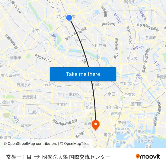 常盤一丁目 to 國學院大學 国際交流センター map