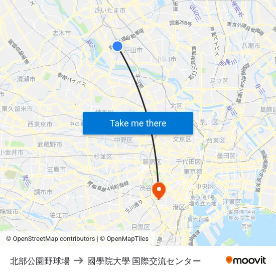 北部公園野球場 to 國學院大學 国際交流センター map